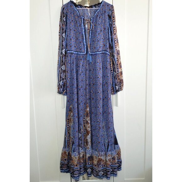 Free People Happy Feelings Maxi Dress Womens Large Blue Boho Peasant Long Sleeve - Picture 2 of 15